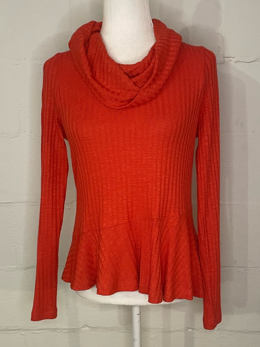 Anthropologie Red Ribbed Cowl Neck Peplum Sweater